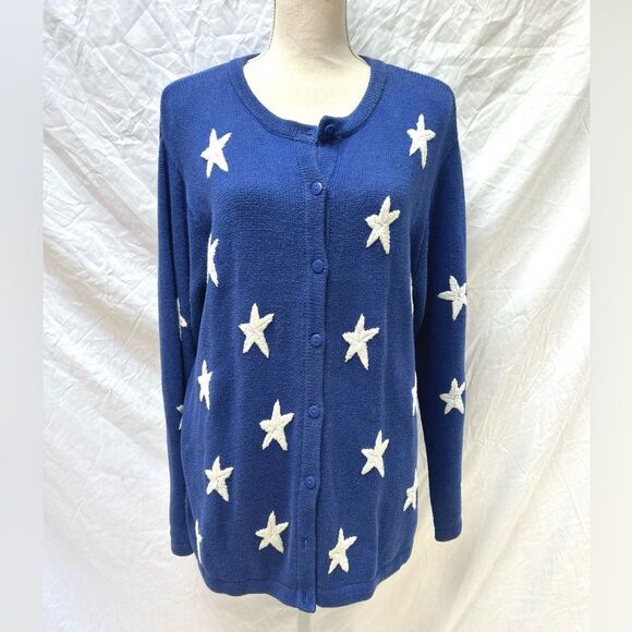 The Quacker Factory Sweater Cardigan Stars & Stripes Patriotic Preppy Vintage L - Picture 1 of 6